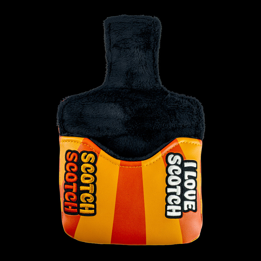 Rewind Golf x Anchorman mallet golf headcover with a graphic design of a glass of whiskey with 'Kind of a Big Deal' text on an orange and red striped UV material.