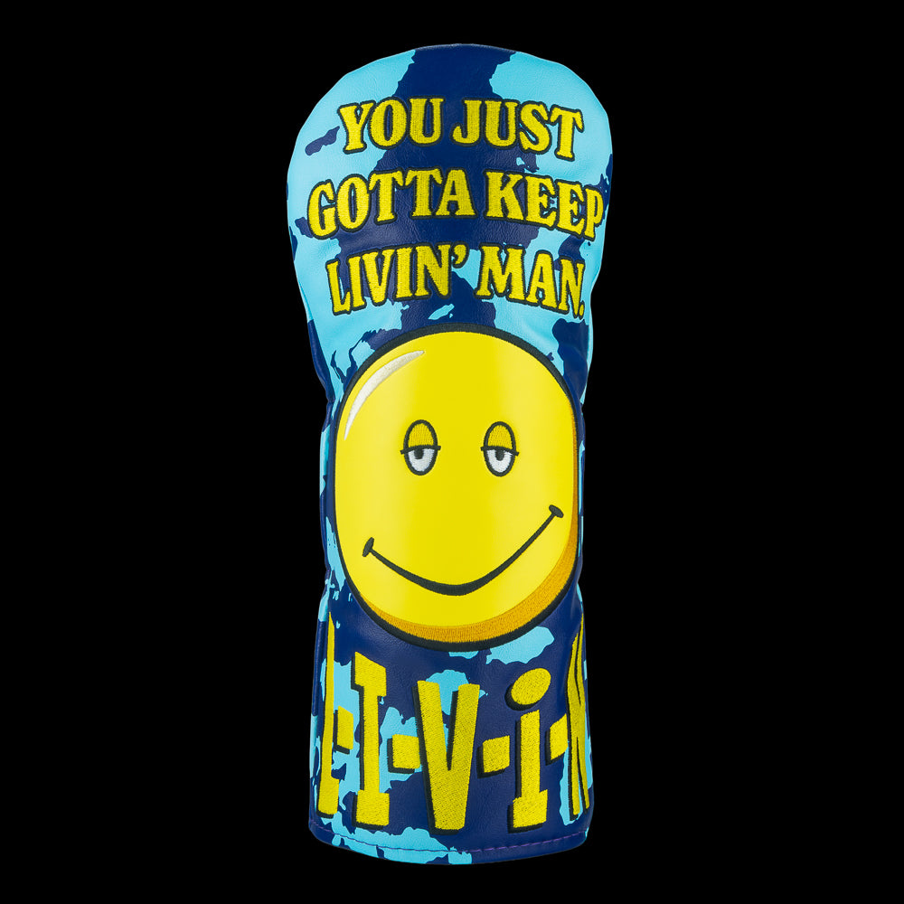 Rewind Golf x Dazed and Confused licensed Gotta Keep Livin' Man smiley face on blue camo driver golf headcover.