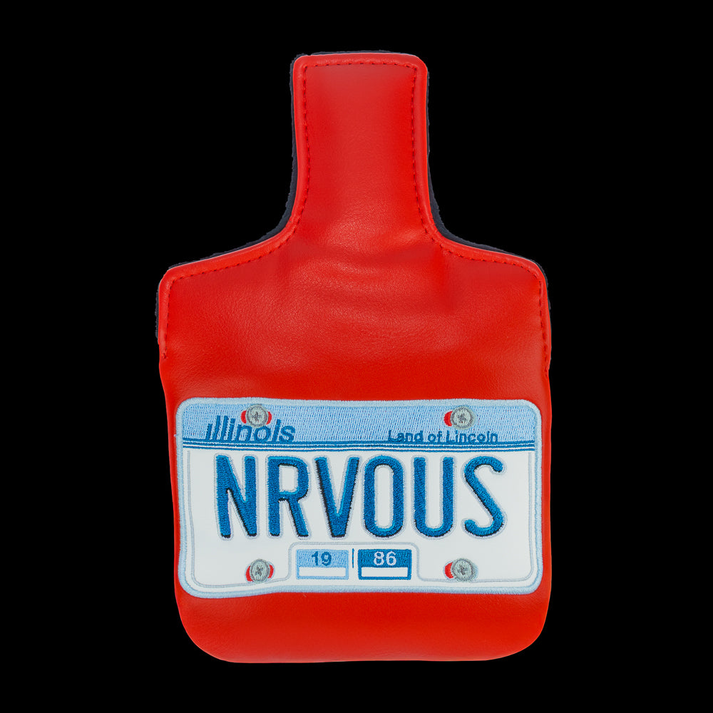 Rewind Golf x Ferris Bueller's Day Off official NRVOUS licensed plate themed mallet golf headcover on red material.