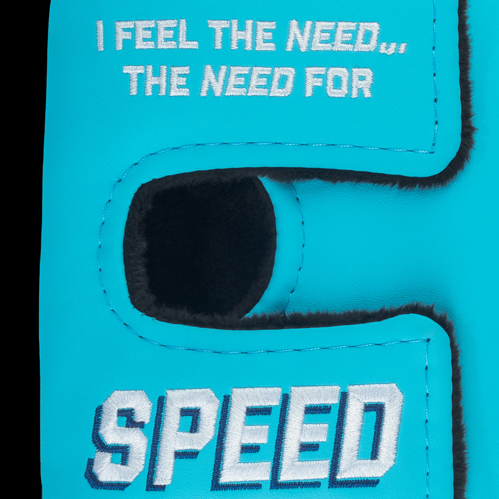 Rewind Golf x Top Gun Need For Speed officially licensed center shaft mallet putter golf headcover featuring Maverick's helmet and a red, white, and blue design.