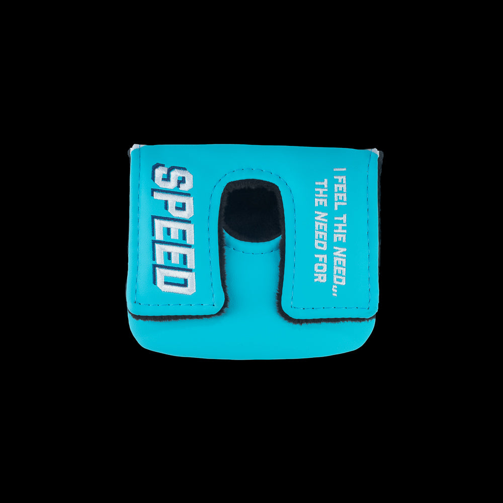 Rewind Golf x Top Gun Need For Speed officially licensed center shaft mallet putter golf headcover featuring Maverick's helmet and a red, white, and blue design.