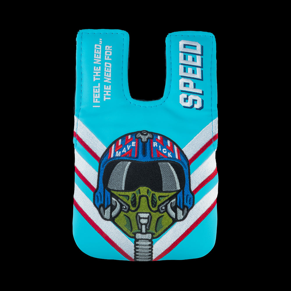 Rewind Golf x Top Gun Need For Speed officially licensed center shaft mallet putter golf headcover featuring Maverick's helmet and a red, white, and blue design.