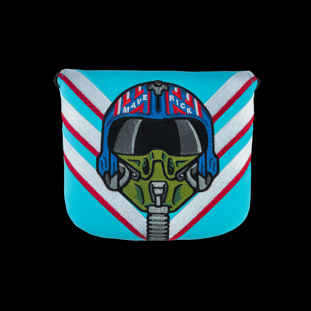 Rewind Golf x Top Gun officially licensed Need For Speed aqua, white, and red center shaft XL mallet golf headcover featuring Maverick's helmet design detail.