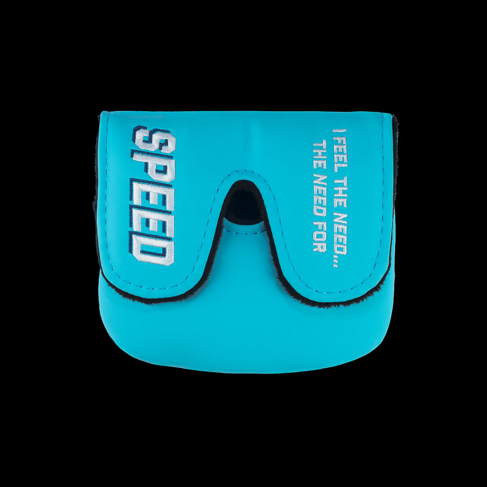 Rewind Golf x Top Gun officially licensed Need For Speed aqua, white, and red center shaft XL mallet golf headcover featuring Maverick's helmet design detail.