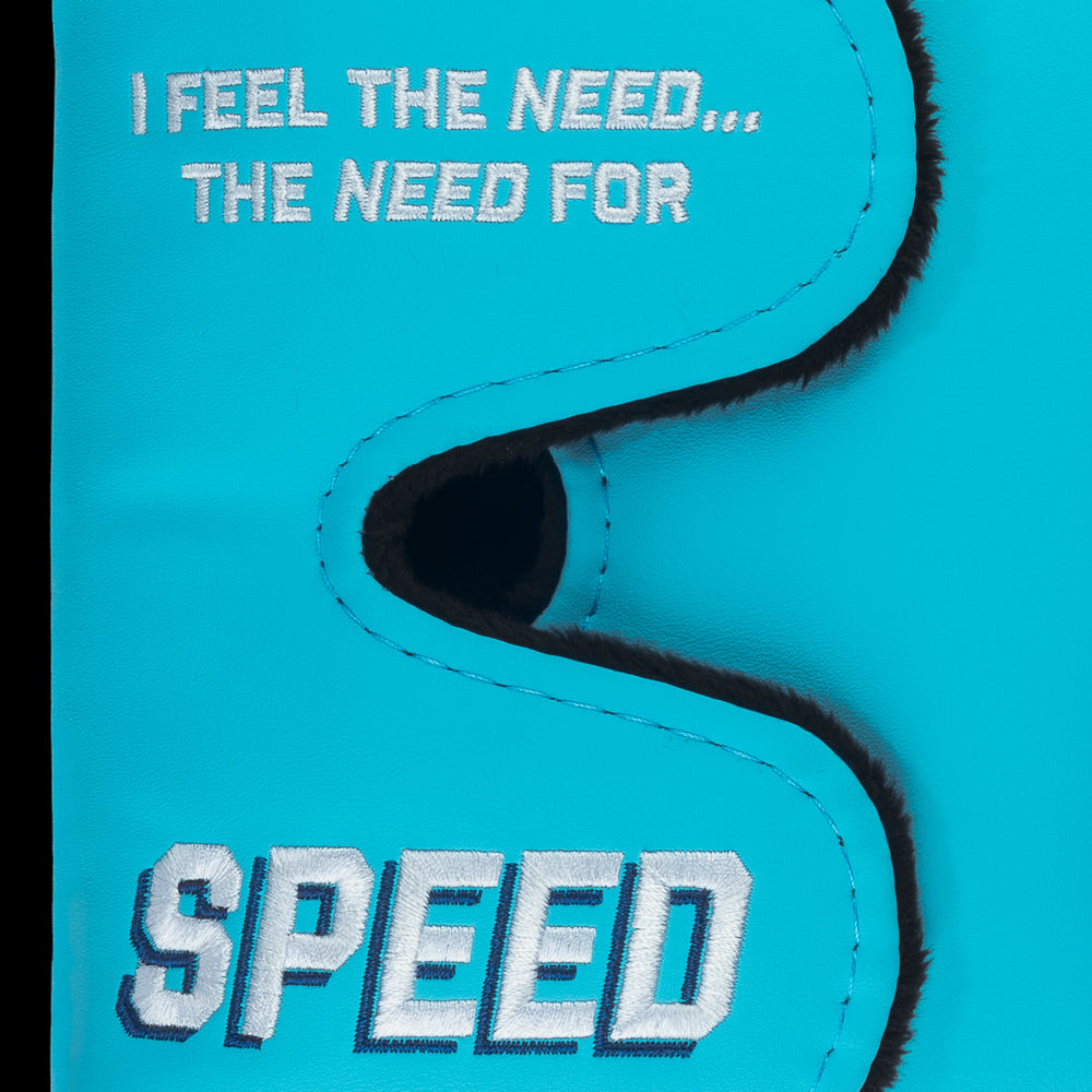 Rewind Golf x Top Gun officially licensed Need For Speed aqua, white, and red center shaft XL mallet golf headcover featuring Maverick's helmet design detail.