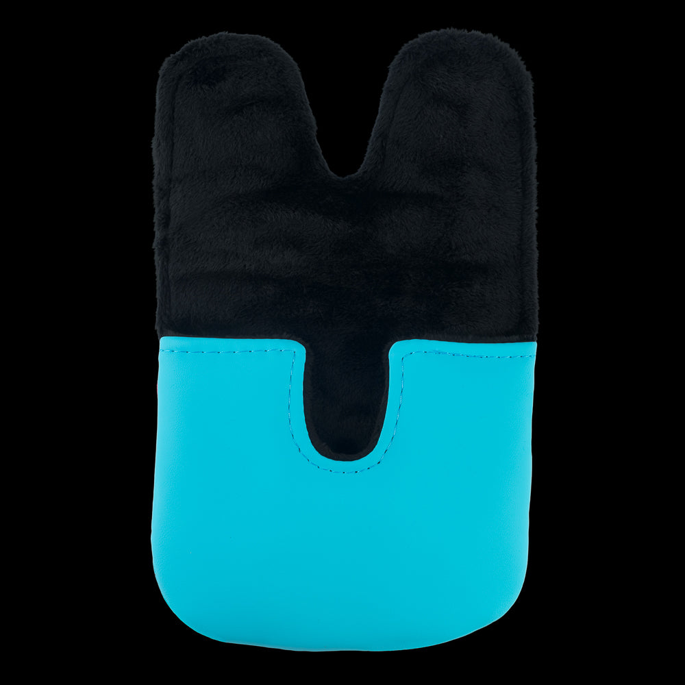 Rewind Golf x Top Gun officially licensed Need For Speed aqua, white, and red center shaft XL mallet golf headcover featuring Maverick's helmet design detail.