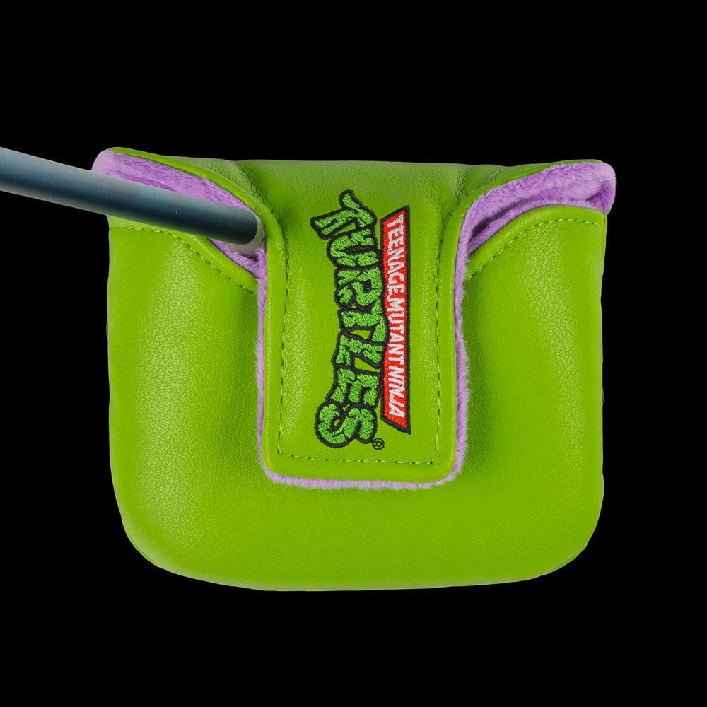 Green TMNT Donnie mallet cover with purple mask peeking design.
