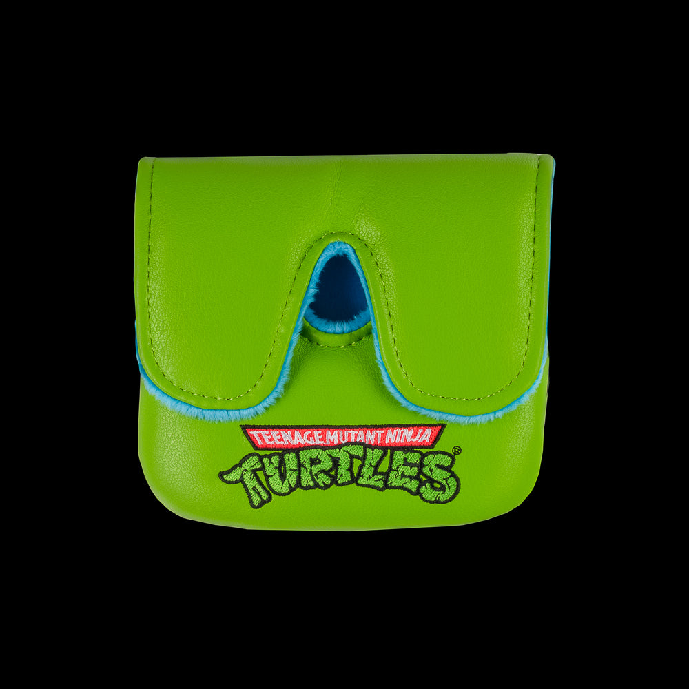 TMNT green Leo large center shaft golf mallet cover with blue mask peeking design.