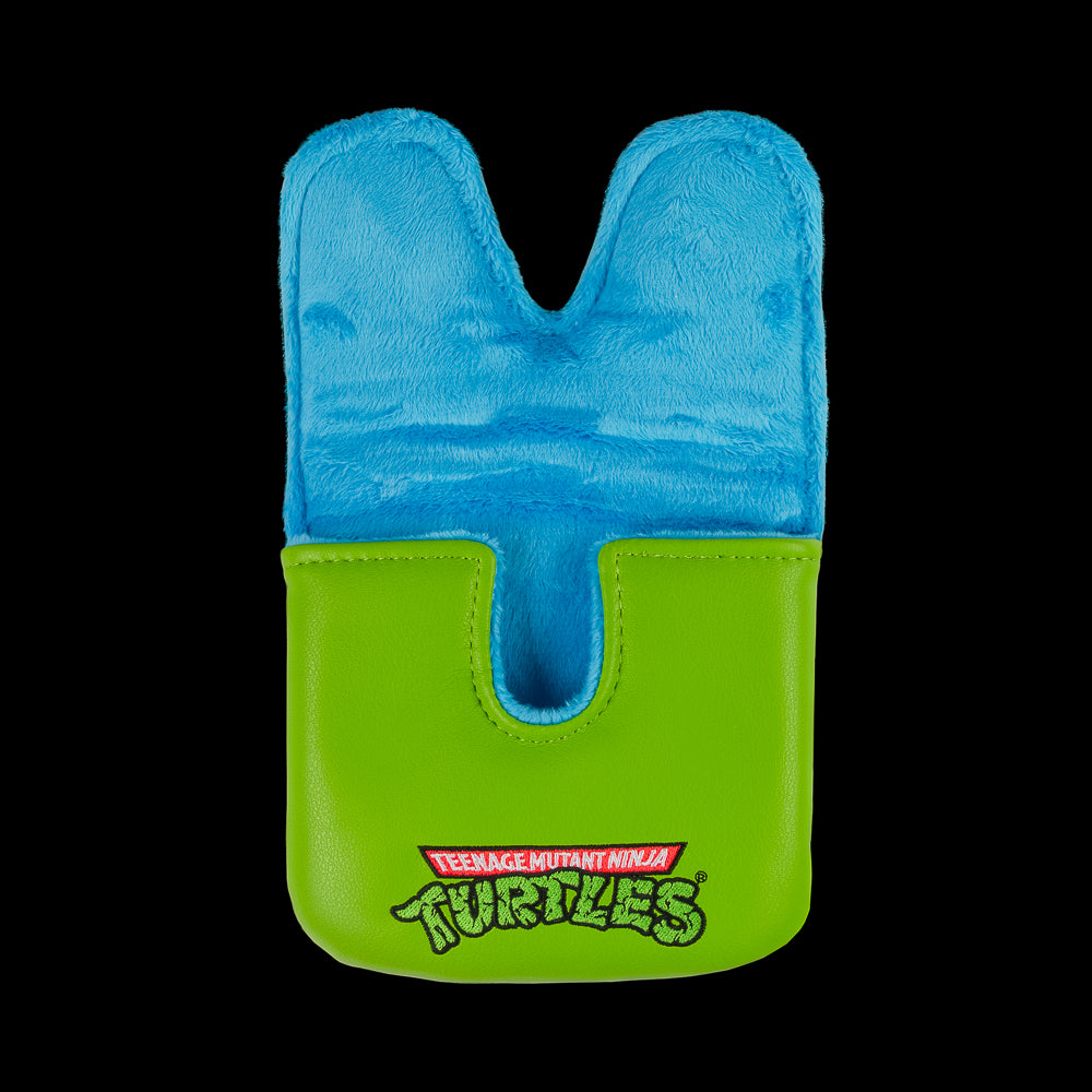 TMNT green Leo large center shaft golf mallet cover with blue mask peeking design.