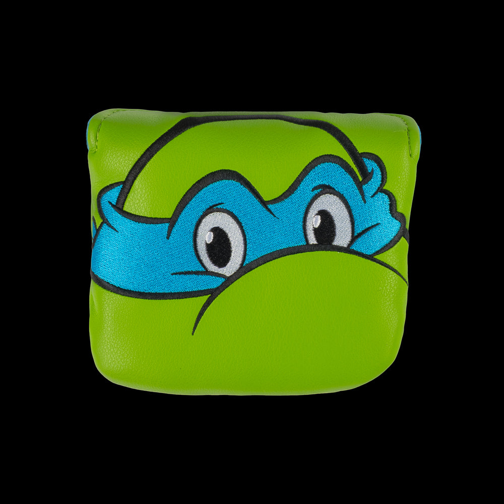 Green TMNT Leo mallet cover with blue mask peeking design.