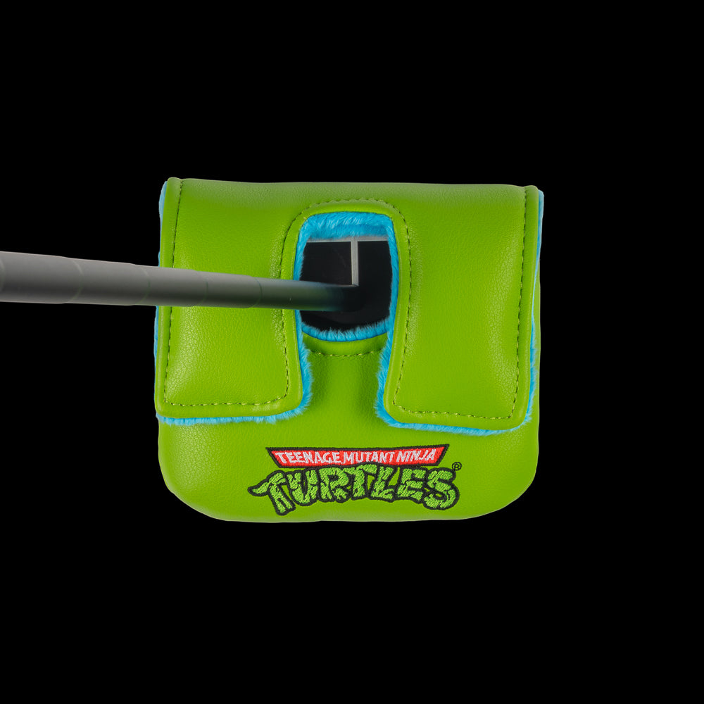 Green Leo small center shaft mallet cover with blue mask peeking design.