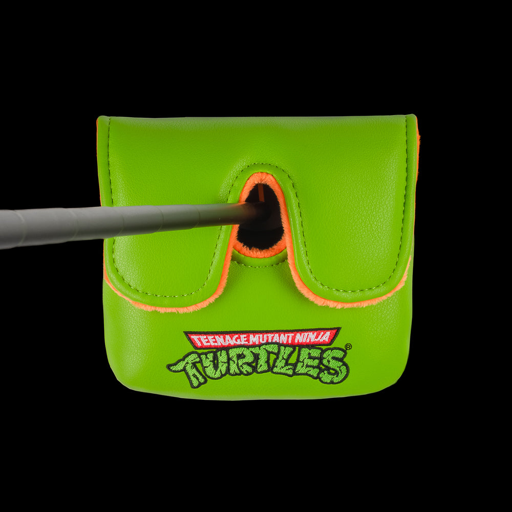Green Mikey TMNT large center shaft golf mallet cover with orange mask peeking design.