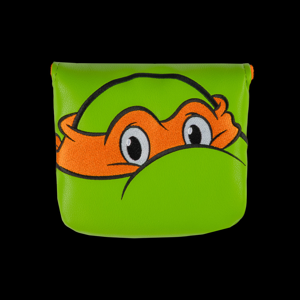 Green Mikey TMNT large center shaft golf mallet cover with orange mask peeking design.