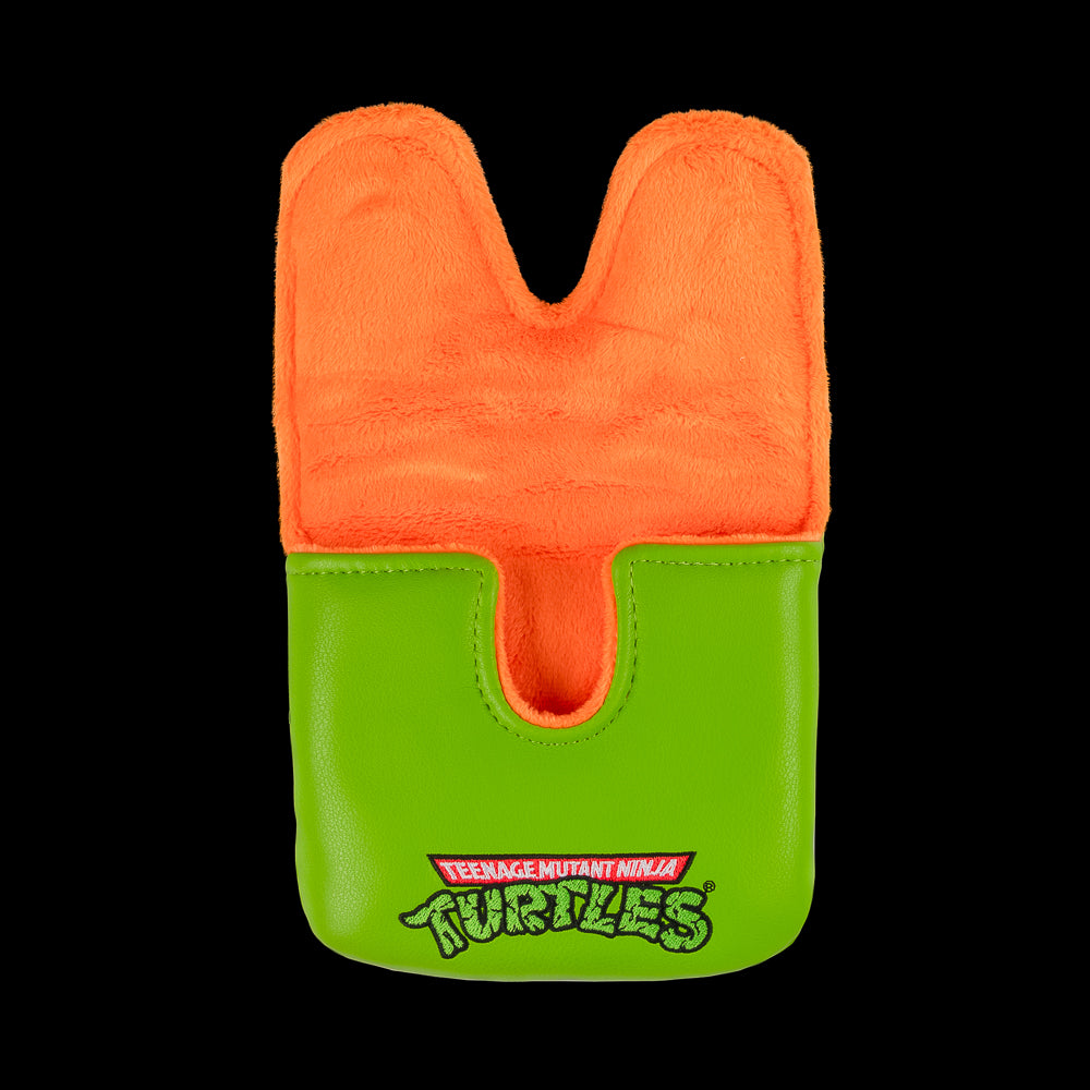 Green Mikey TMNT large center shaft golf mallet cover with orange mask peeking design.