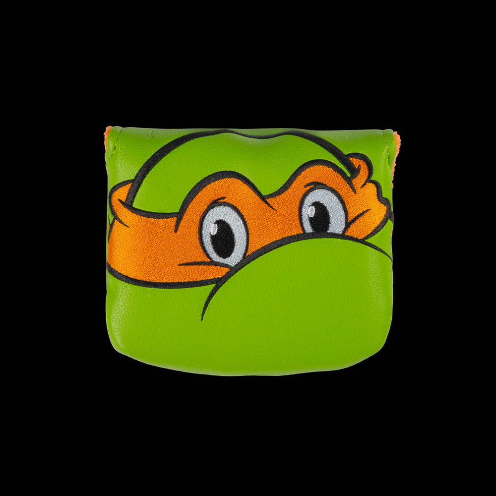 Green Mikey small center shaft mallet cover with orange mask peeking design.