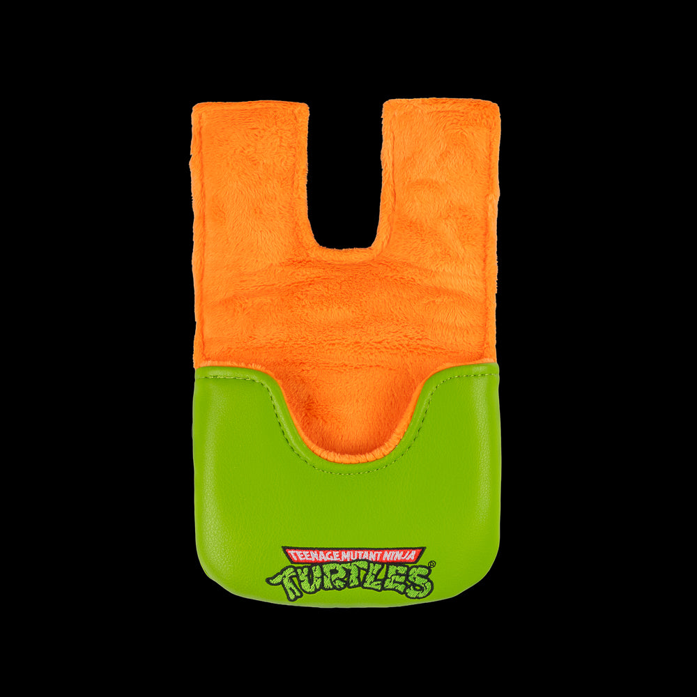 Green Mikey small center shaft mallet cover with orange mask peeking design.