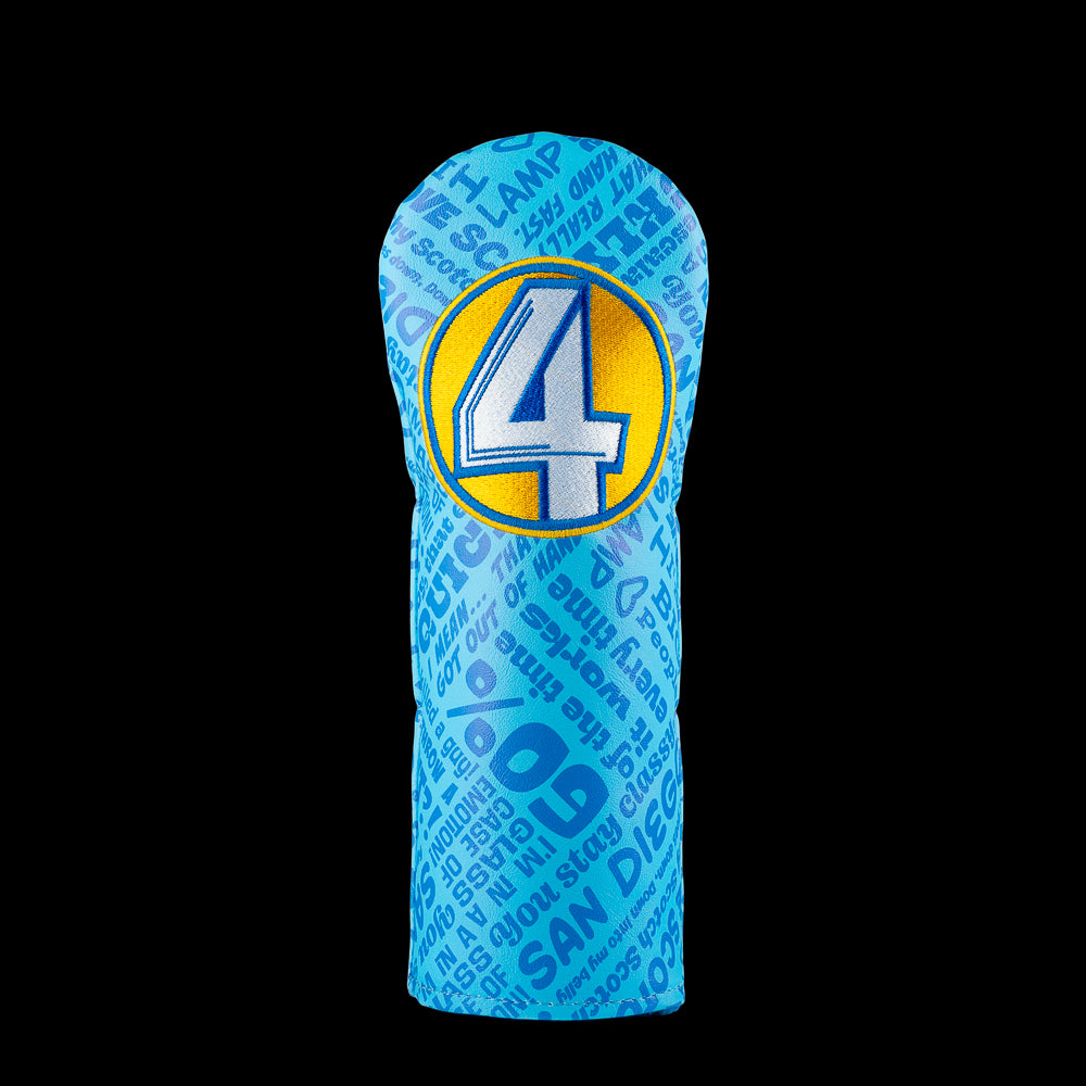 Blue Anchorman fairway cover with Channel 4 logo and quotes.