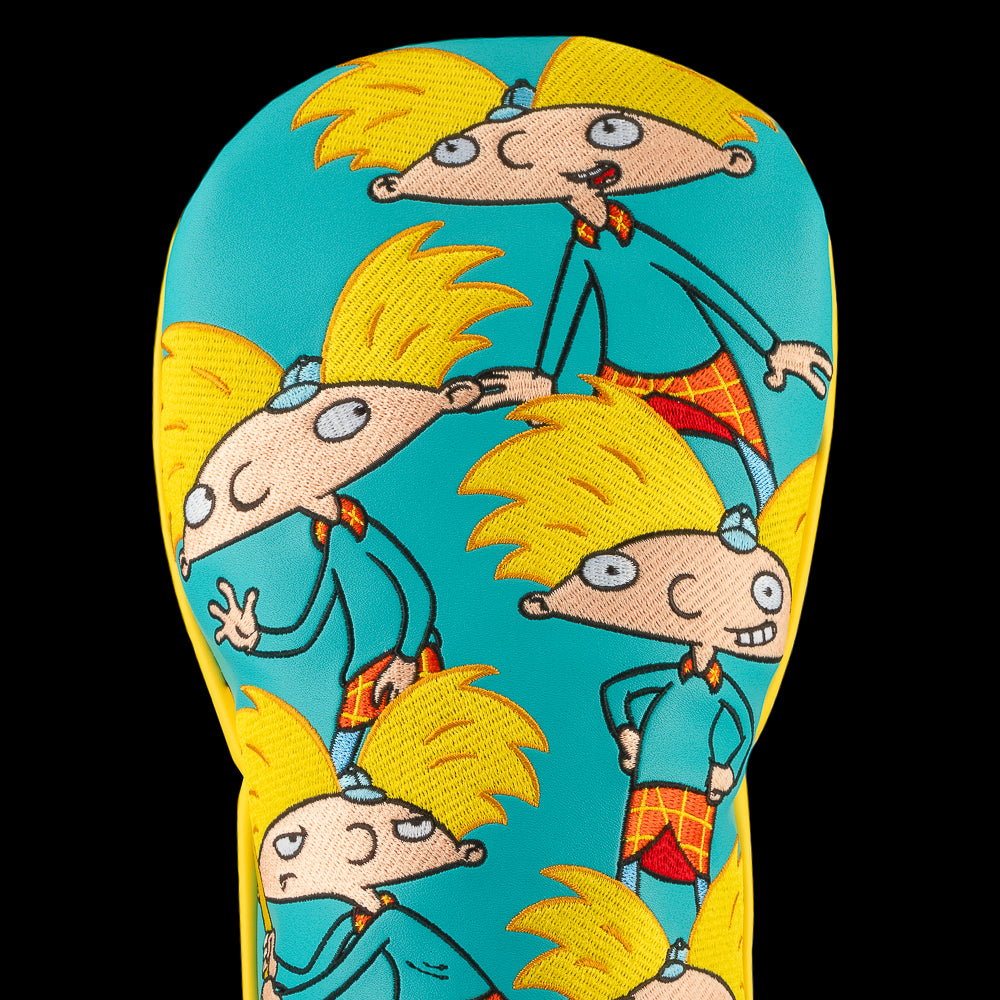 Teal and yellow Hey Arnold driver cover with stacked Arnold poses.