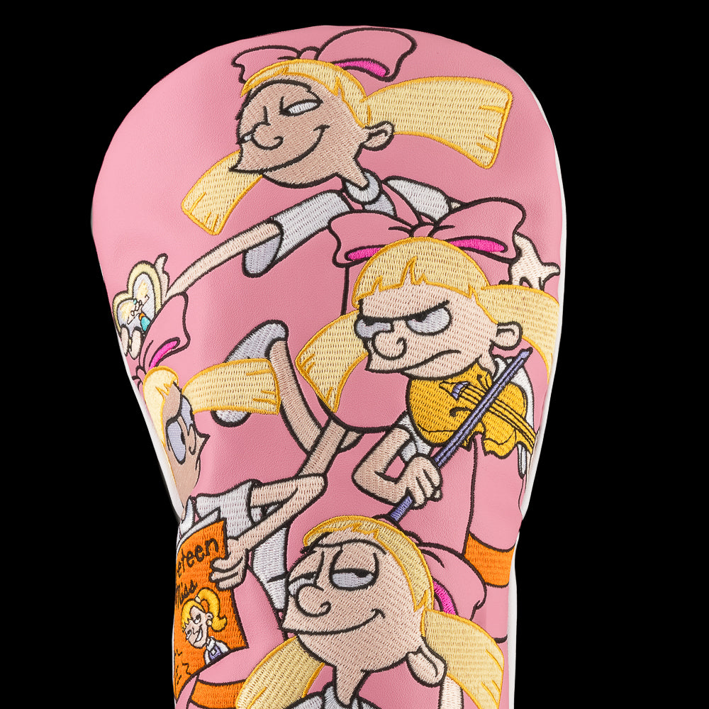 Pink Hey Arnold driver cover with stacked Helga poses.