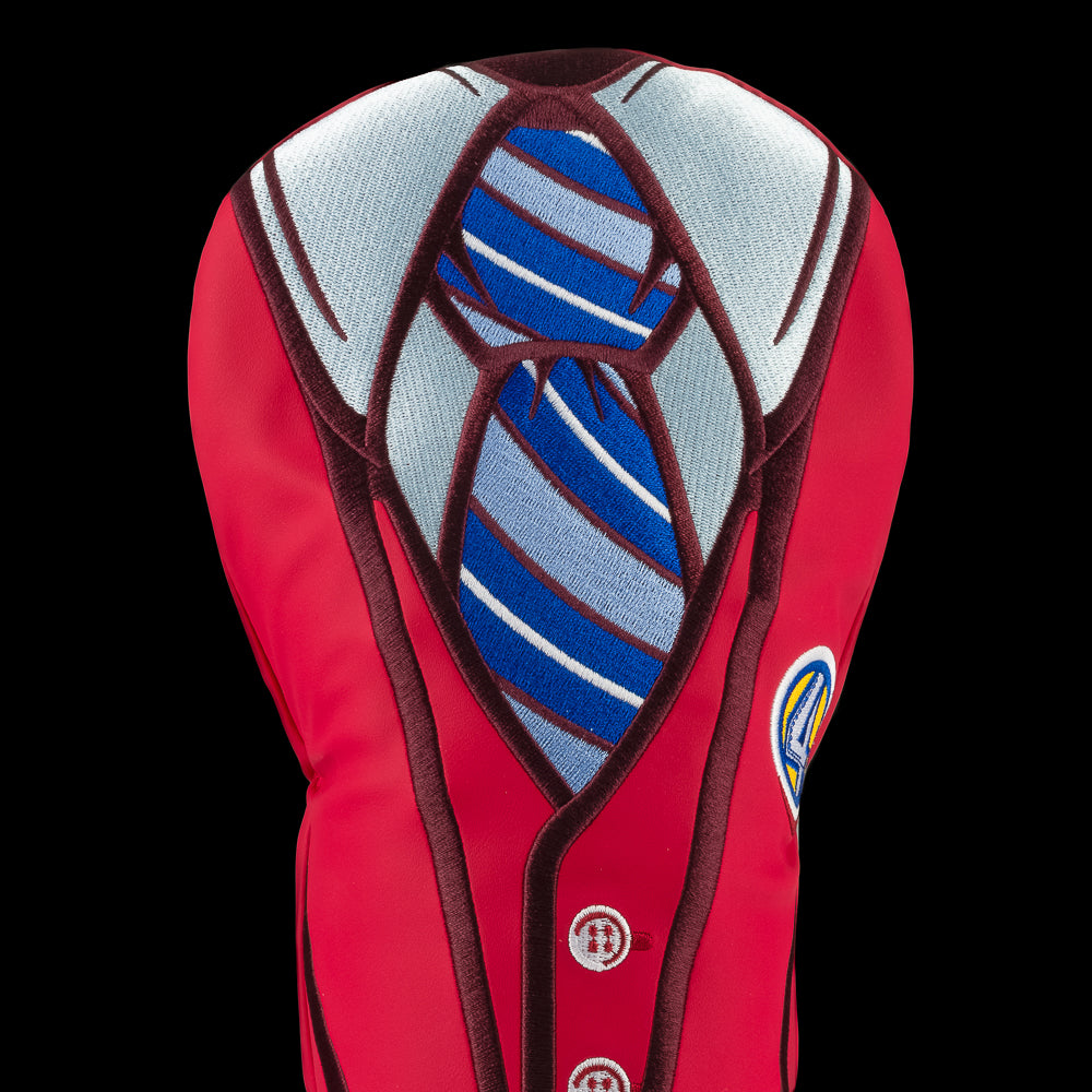 Rewind Golf x Anchorman officially licensed Ron Burgundy red suit and Channel 4 pin driver golf headcover.