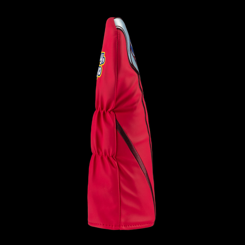 Rewind Golf x Anchorman officially licensed Ron Burgundy red suit and Channel 4 pin driver golf headcover.