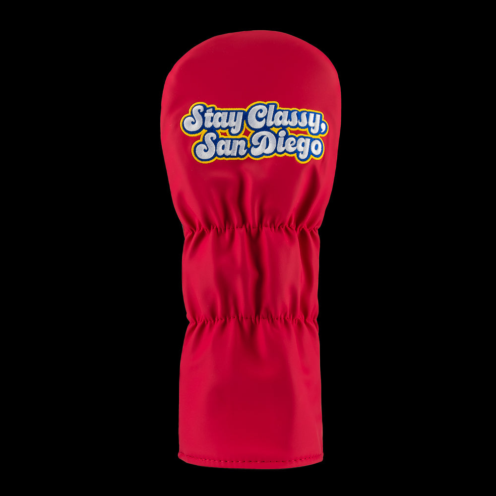 Rewind Golf x Anchorman officially licensed Ron Burgundy red suit and Channel 4 pin driver golf headcover.