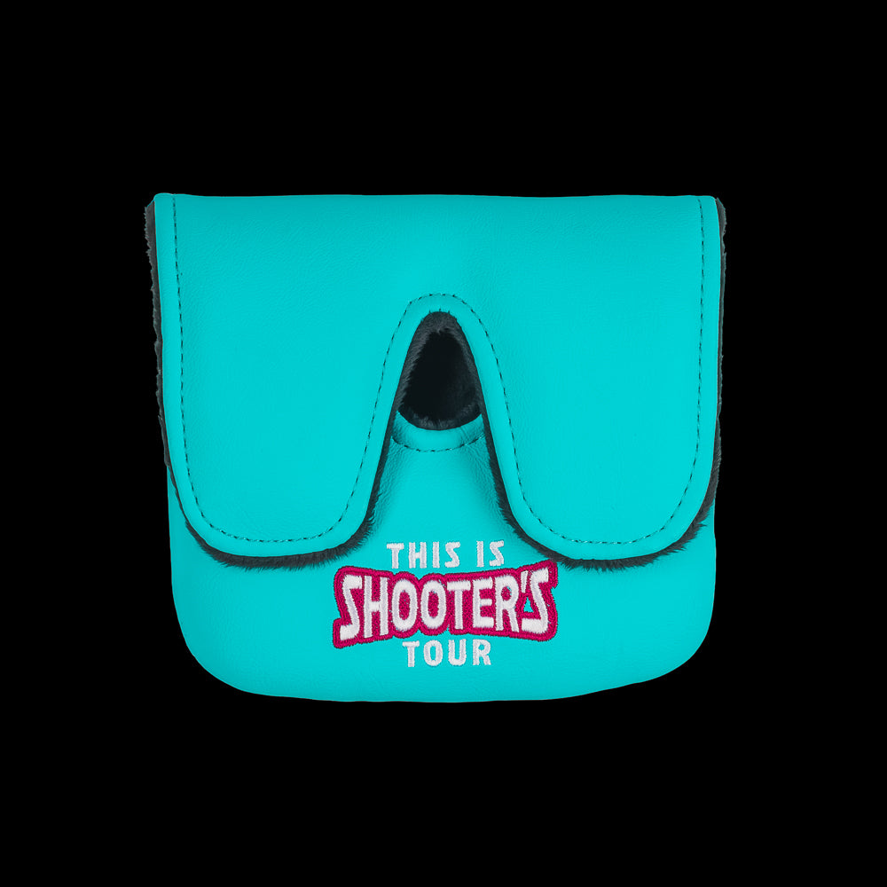 Happy Gilmore official Shooter's Tour aqua and pink Shooter McGavin themed center shaft XL mallet putter golf headcover.