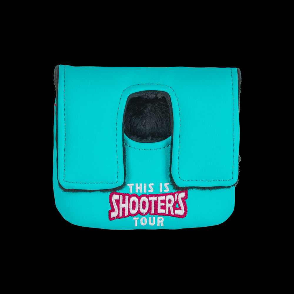 Rewind Golf x Happy Gilmore aqua and pink Shooter's Tour center shaft mallet putter golf headcover.