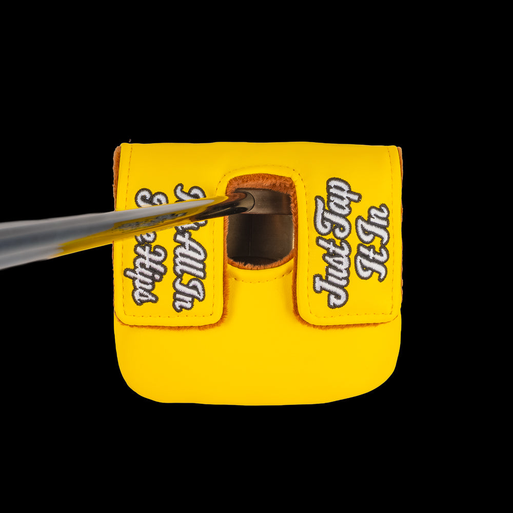 Rewind Golf x Happy Gilmore yellow Tap Tap Taparoo themed center shaft mallet golf headcover.