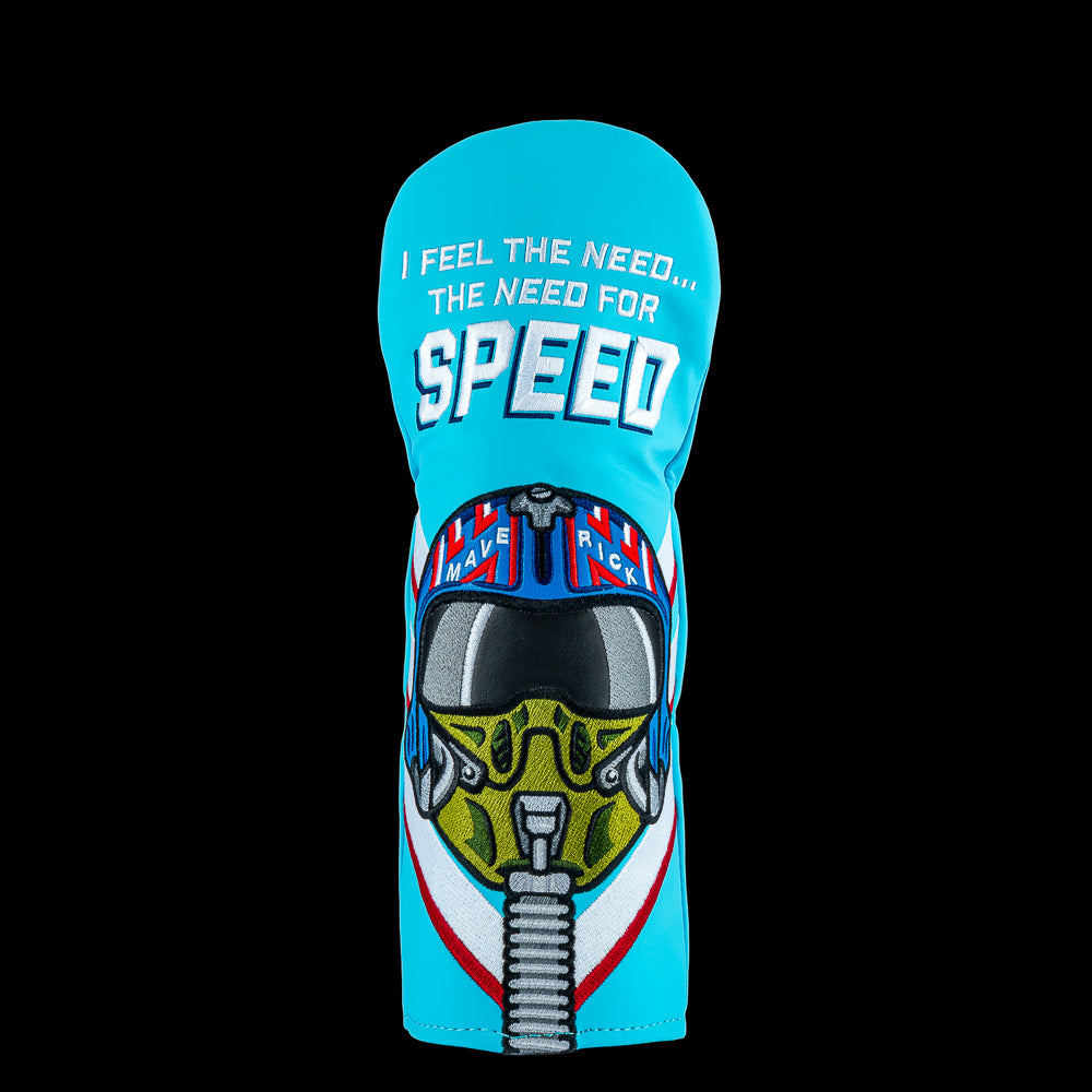 Rewind Golf x Top Gun Need For Speed official fairway wood golf headcover featuring Maverick helmet on teal material.