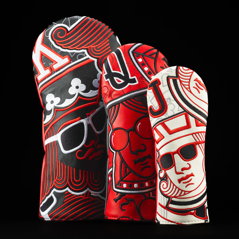 SWAG Golf royal straight red, black, and white wood headcover set featuring a king driver, queen fairway, and jack hybrid.