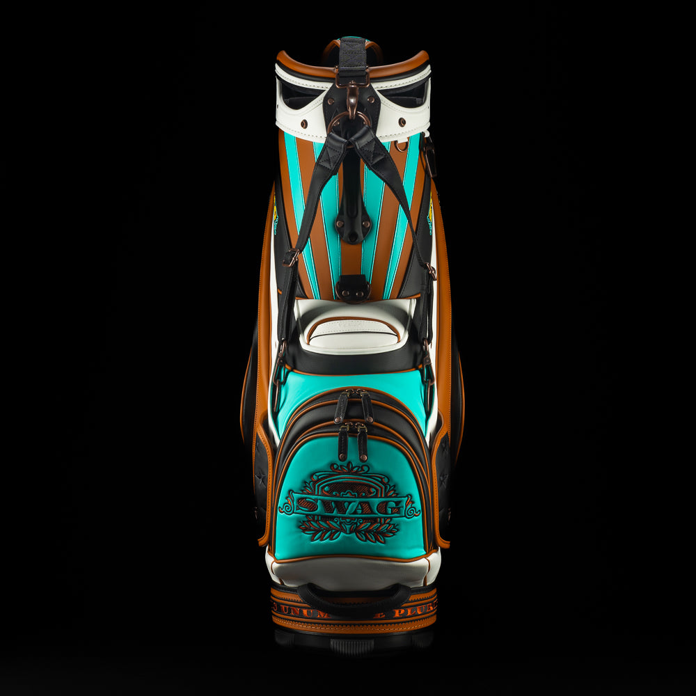 SWAG x Vessel golf bag with Statue of Liberty design and 'Don't Give a Putt' text on a black background