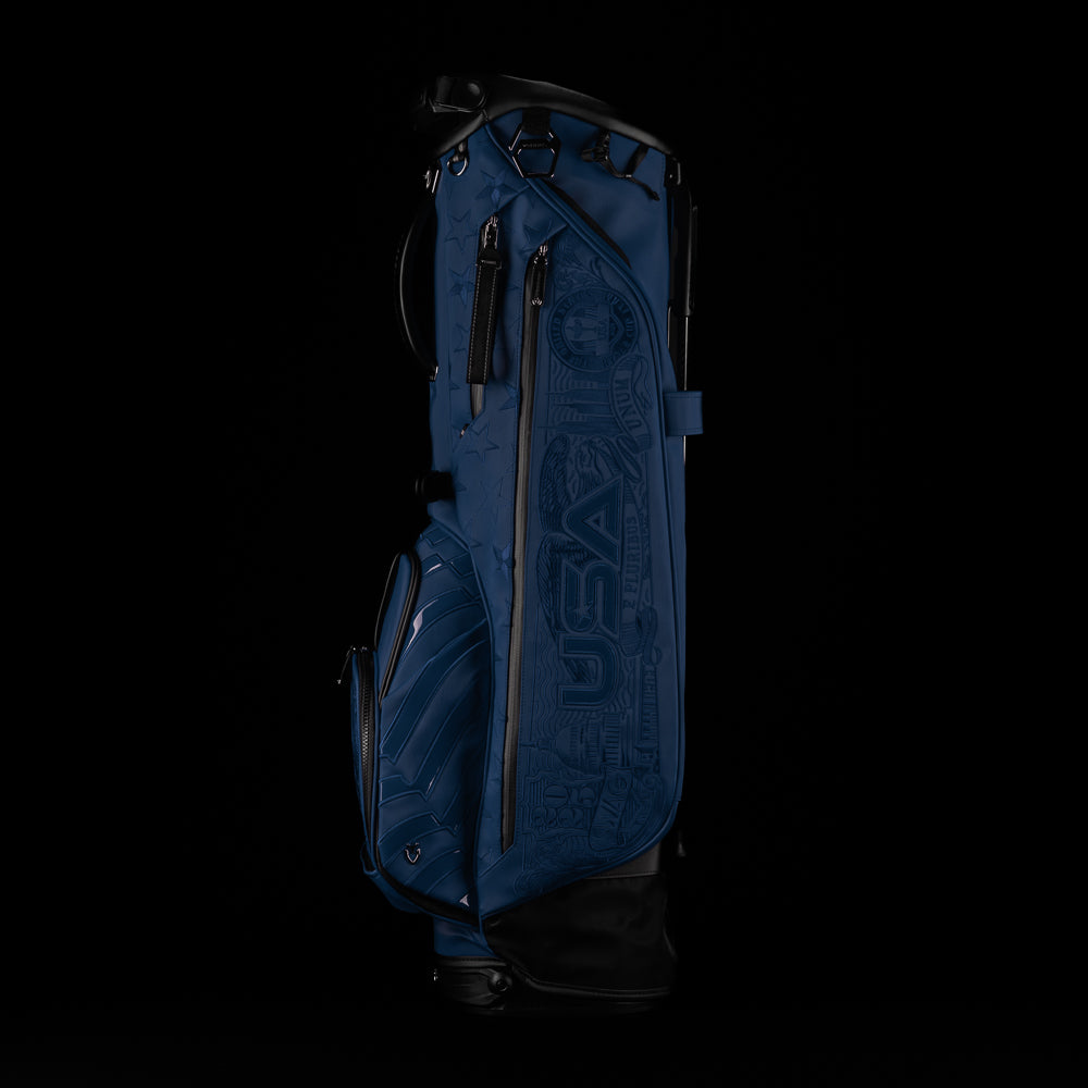 Vessel x SWAG Golf 2025 blue Ryder Cup monochromatic golf stand bag with USA themed embroidery.