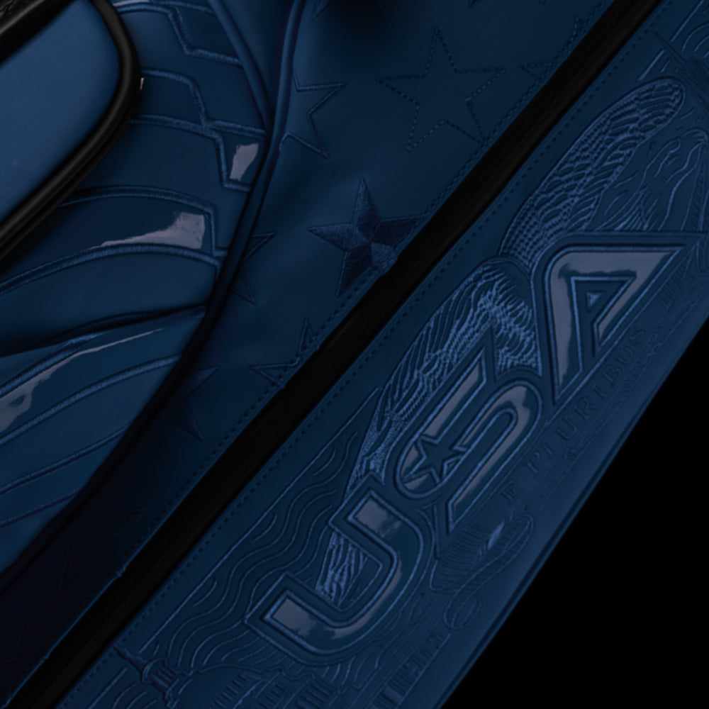 Vessel x SWAG Golf 2025 blue Ryder Cup monochromatic golf stand bag with USA themed embroidery.