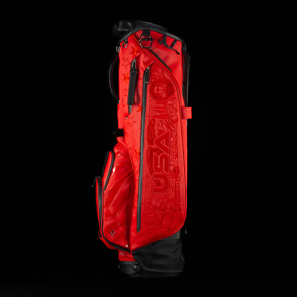 Vessel x SWAG red 2025 Ryder Cup official golf stand bag with black trim and USA themed embroidery.