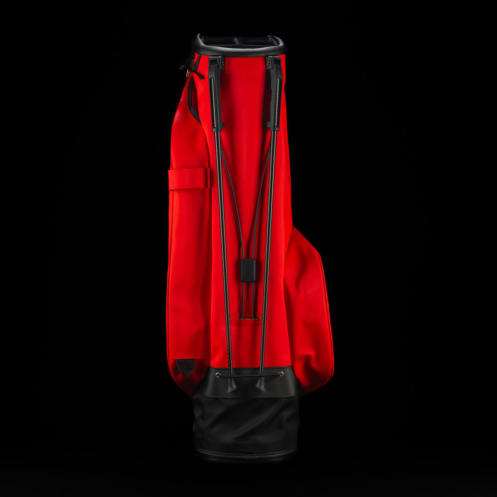 Vessel x SWAG red 2025 Ryder Cup official golf stand bag with black trim and USA themed embroidery.