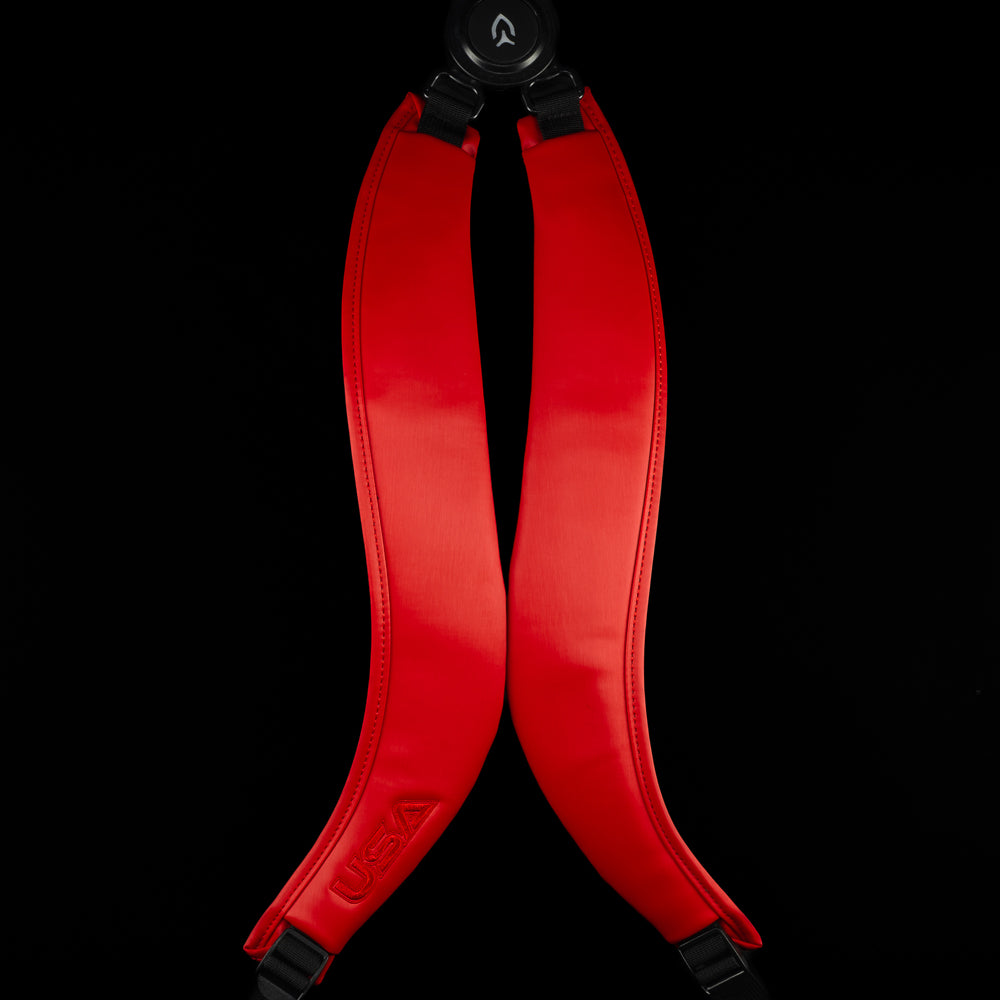 Vessel x SWAG red 2025 Ryder Cup official golf stand bag with black trim and USA themed embroidery.