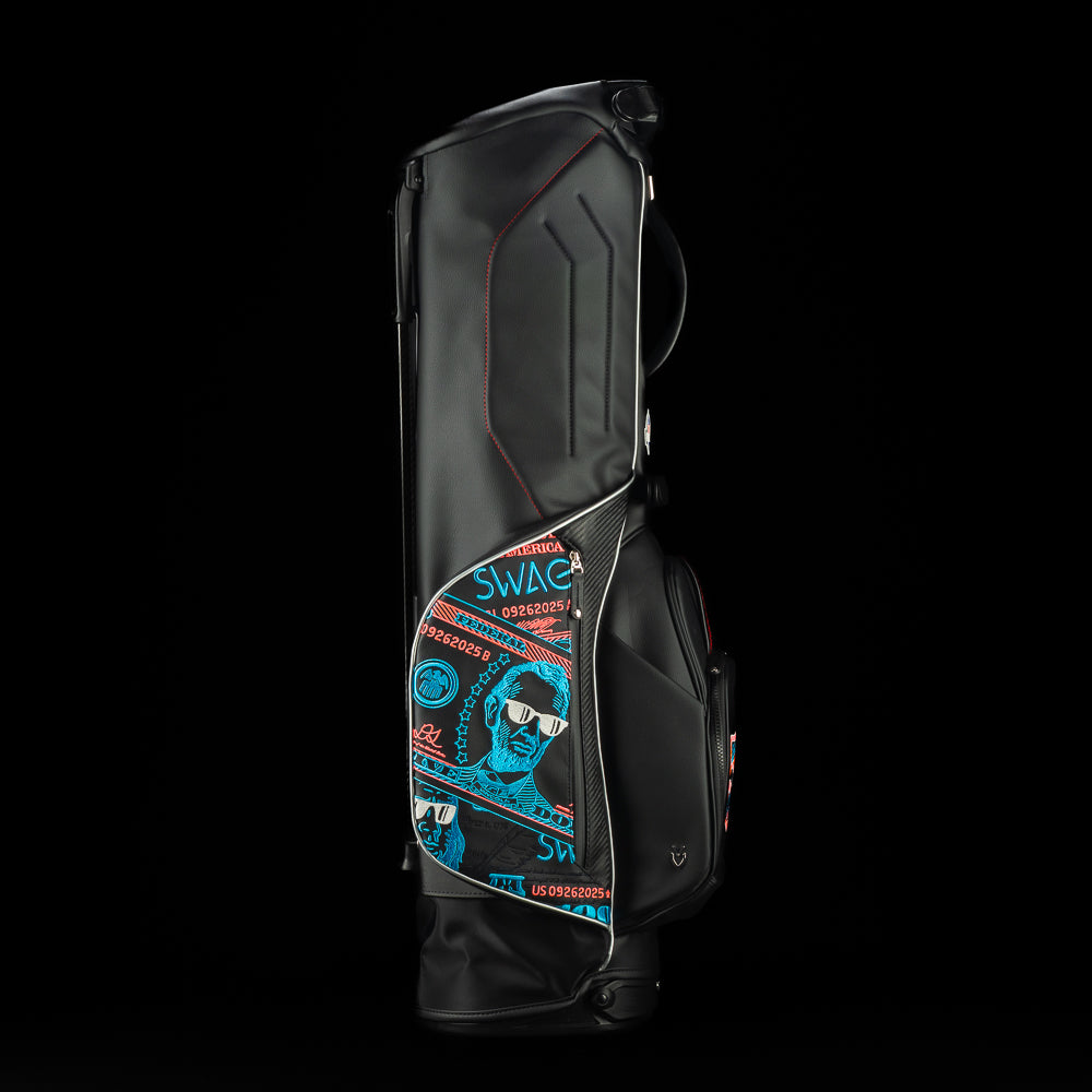SWAG Golf USA 2025 Lincoln dollar bill themed Vessel black stand bag with currency themed embroidery.