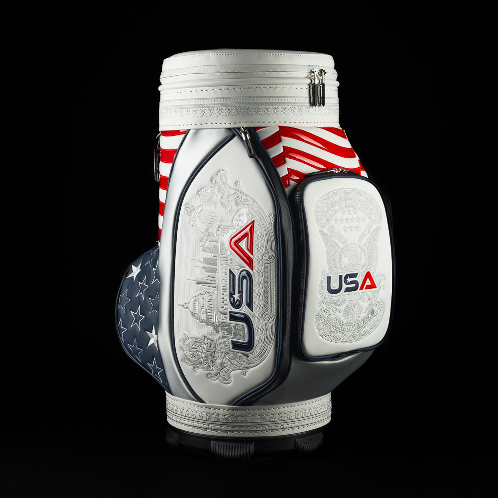 SWAG x Ryder Cup den caddie mini cooler modeled after the Ryder Cup Staff bag.