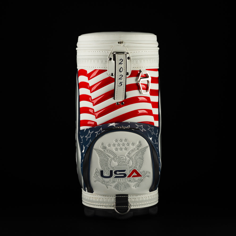 SWAG x Ryder Cup den caddie mini cooler modeled after the Ryder Cup Staff bag.