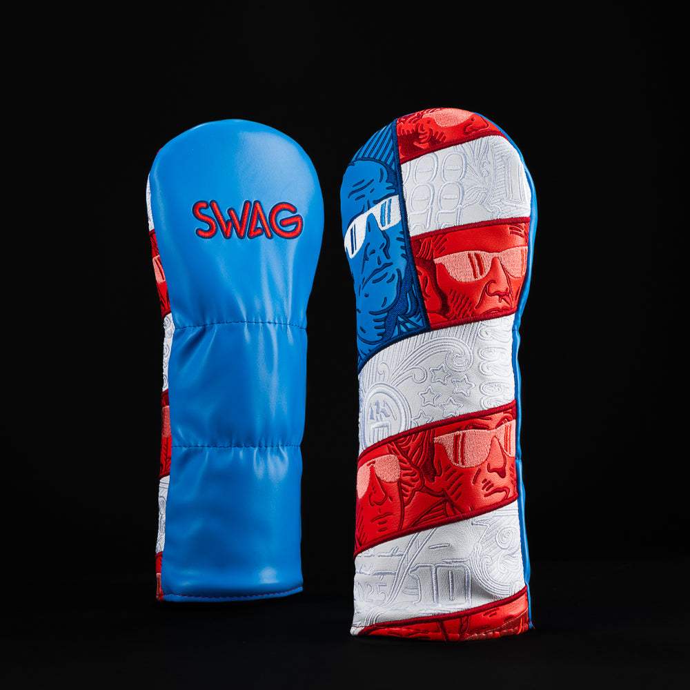 SWAG Golf red, white, and blue fairway striper fairway wood golf headcover featuring dollar bill themed accents.