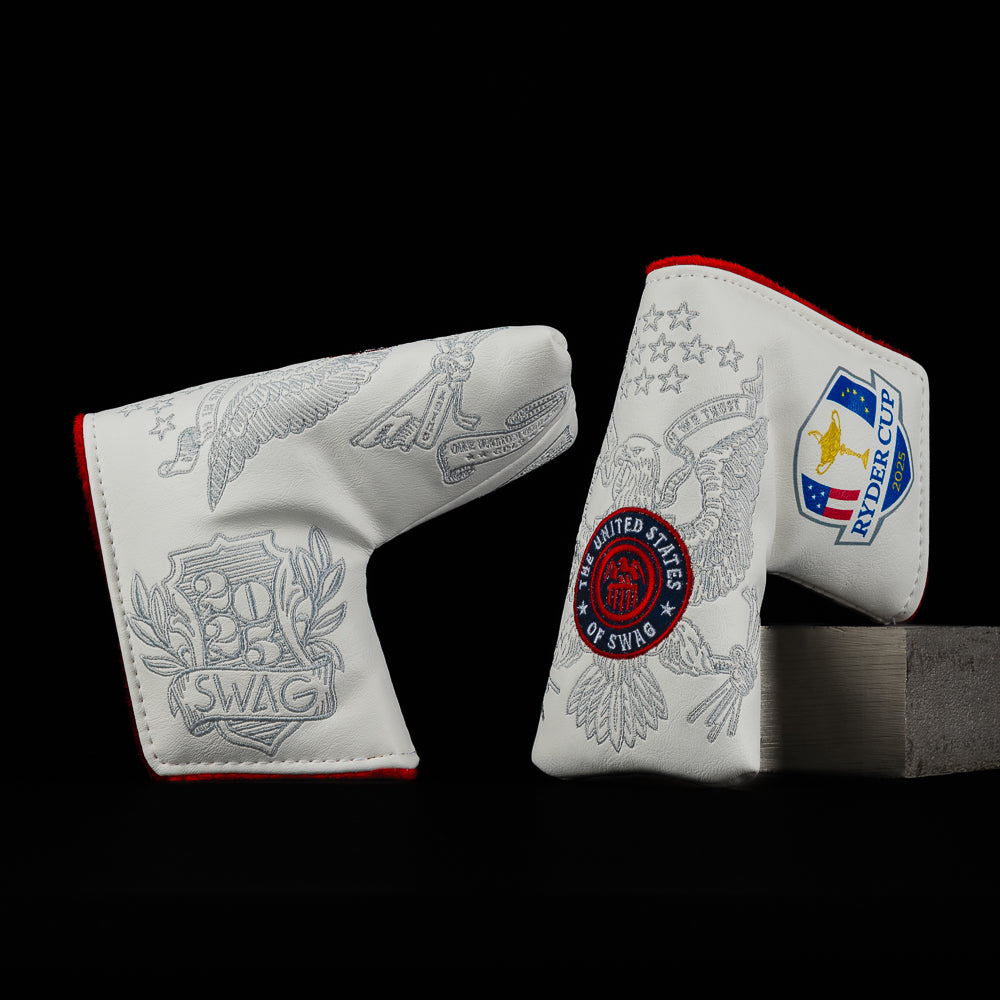 SWAG Golf Ryder Cup 2025 official white and red currency themed blade golf headcover.