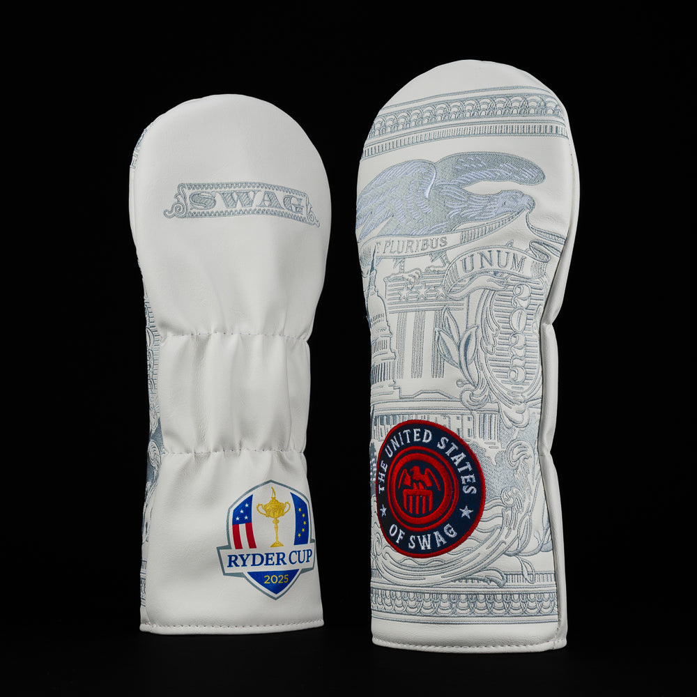 White driver golf club head covers with Ryder Cup official and 'United States of SWAG' branding.