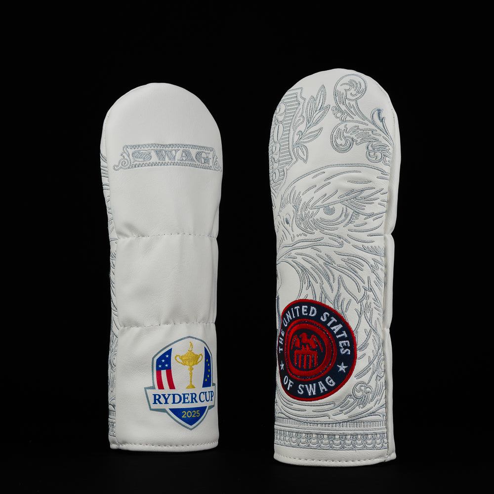 Ryder Cup official 2025 fairway wood golf headcover with embroidered eagle and currency design.