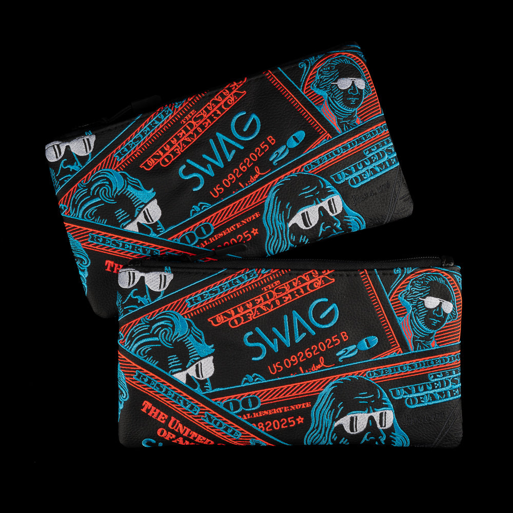 SWAG Golf Ryder Cup 2025 dollar bills black vinyl zippered valuables pouch with red and blue embroidery.