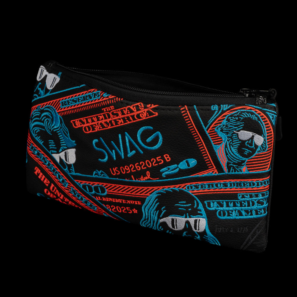 SWAG Golf Ryder Cup 2025 dollar bills black vinyl zippered valuables pouch with red and blue embroidery.