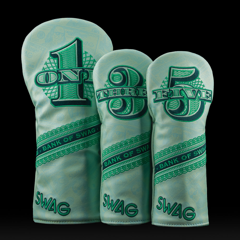 SWAG Golf wood headcover set of driver, and two fairways with green money theme and Bank of SWAG embroidery.