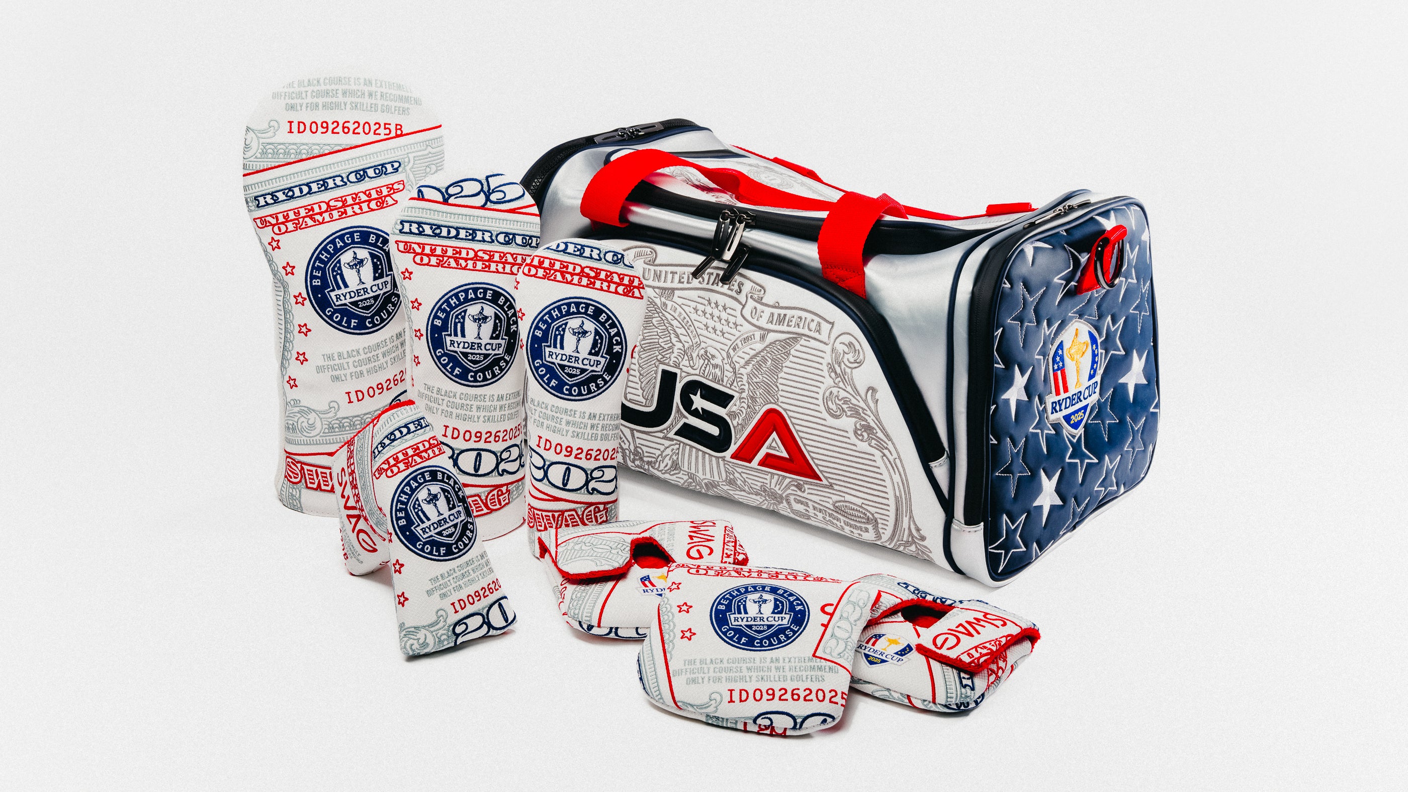 SWAG Golf x Ryder Cup 2025 officially licensed accessories featuring headcovers and golf bags.