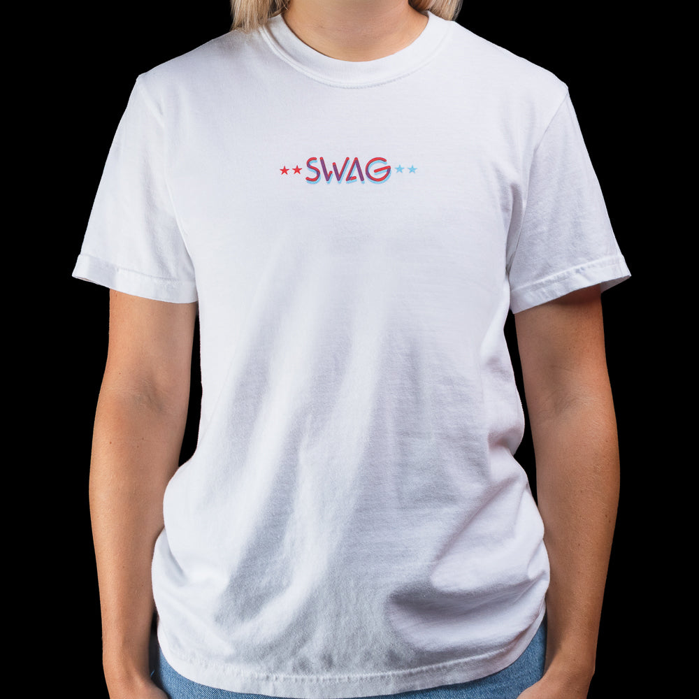 Person wearing a white short sleeve t-shirt with SWAG printed on it against a black background.