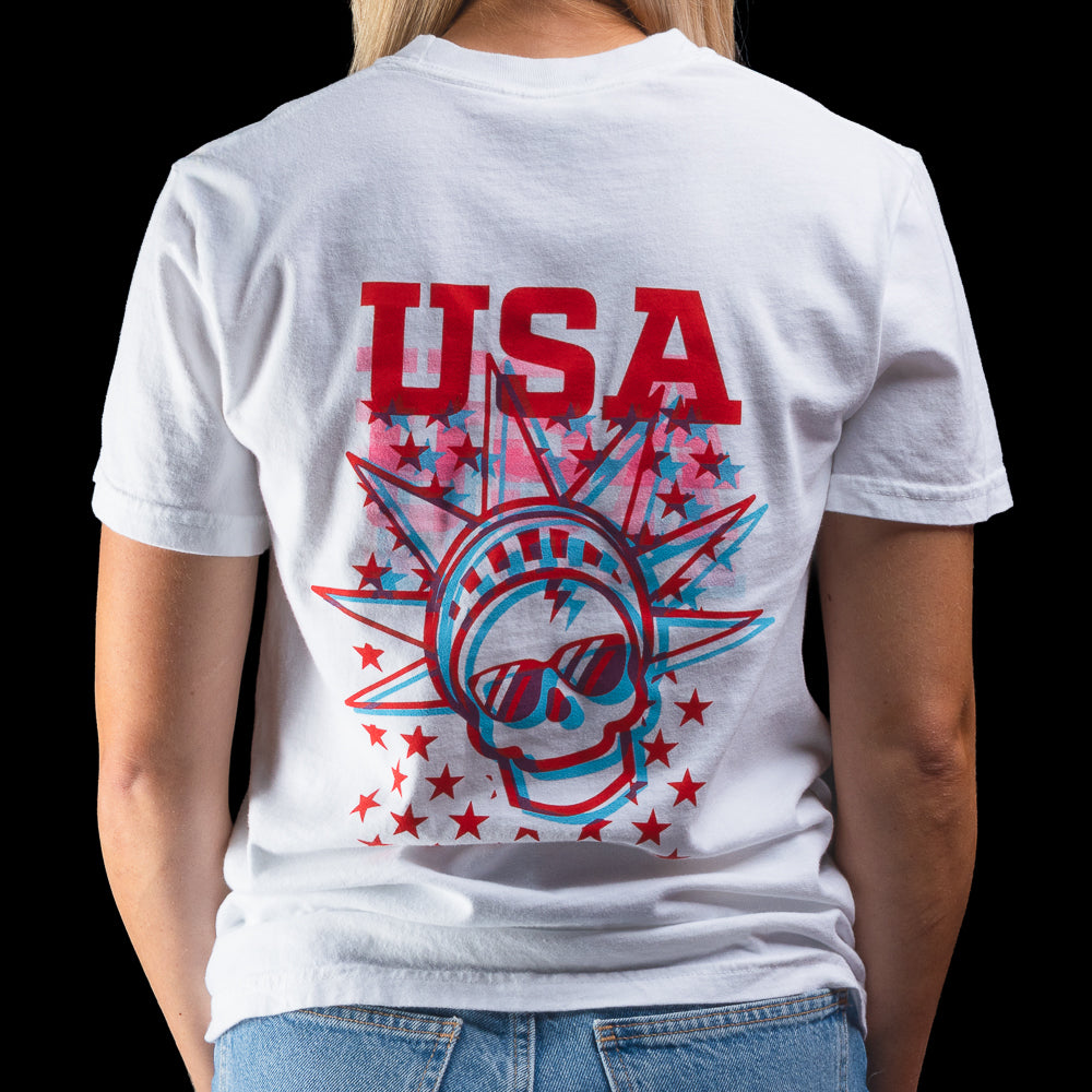 Person wearing a white short sleeve t-shirt with SWAG printed on it against a black background.